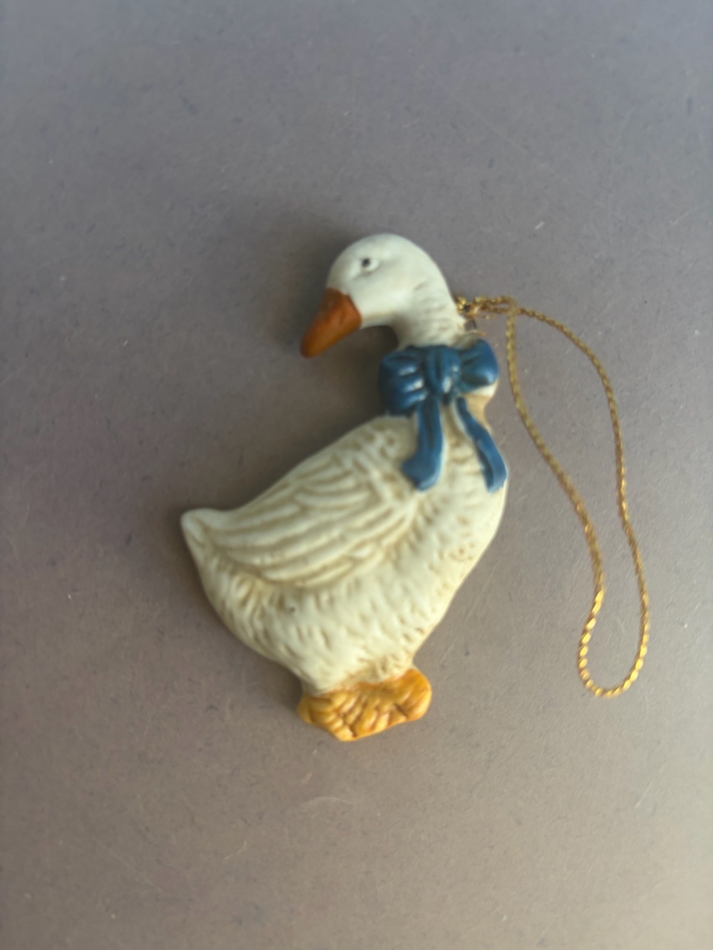 Vintage Ceramic Goose Bird Ornament with Blue Bow- Cottage Core